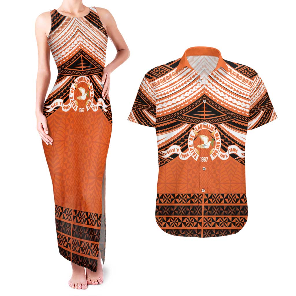 Personalised Tonga Tailulu College Couples Matching Tank Maxi Dress and Hawaiian Shirt Polynesian Ngatu Tribal LT9 Orange - Polynesian Pride
