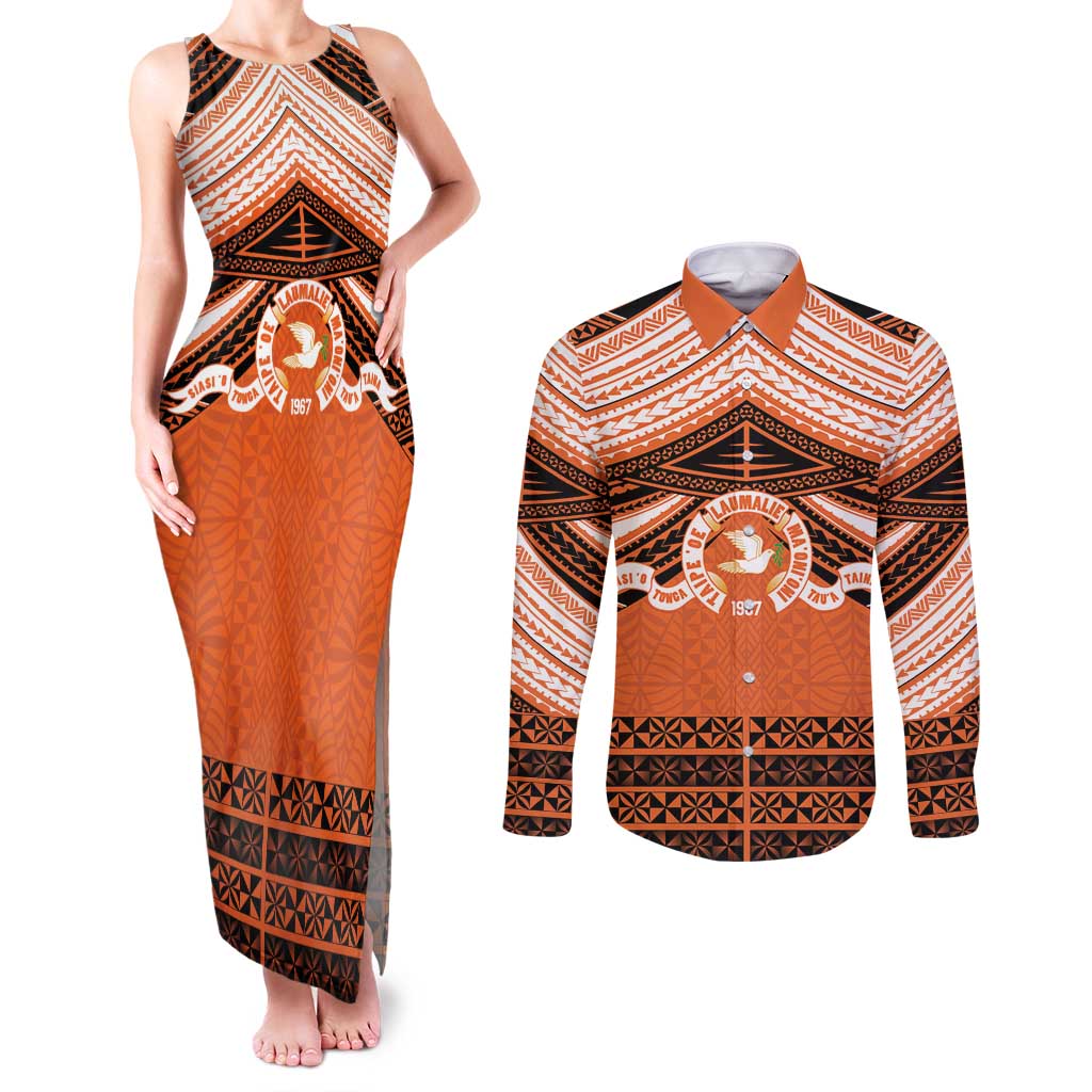 Personalised Tonga Tailulu College Couples Matching Tank Maxi Dress and Long Sleeve Button Shirt Polynesian Ngatu Tribal LT9 Orange - Polynesian Pride