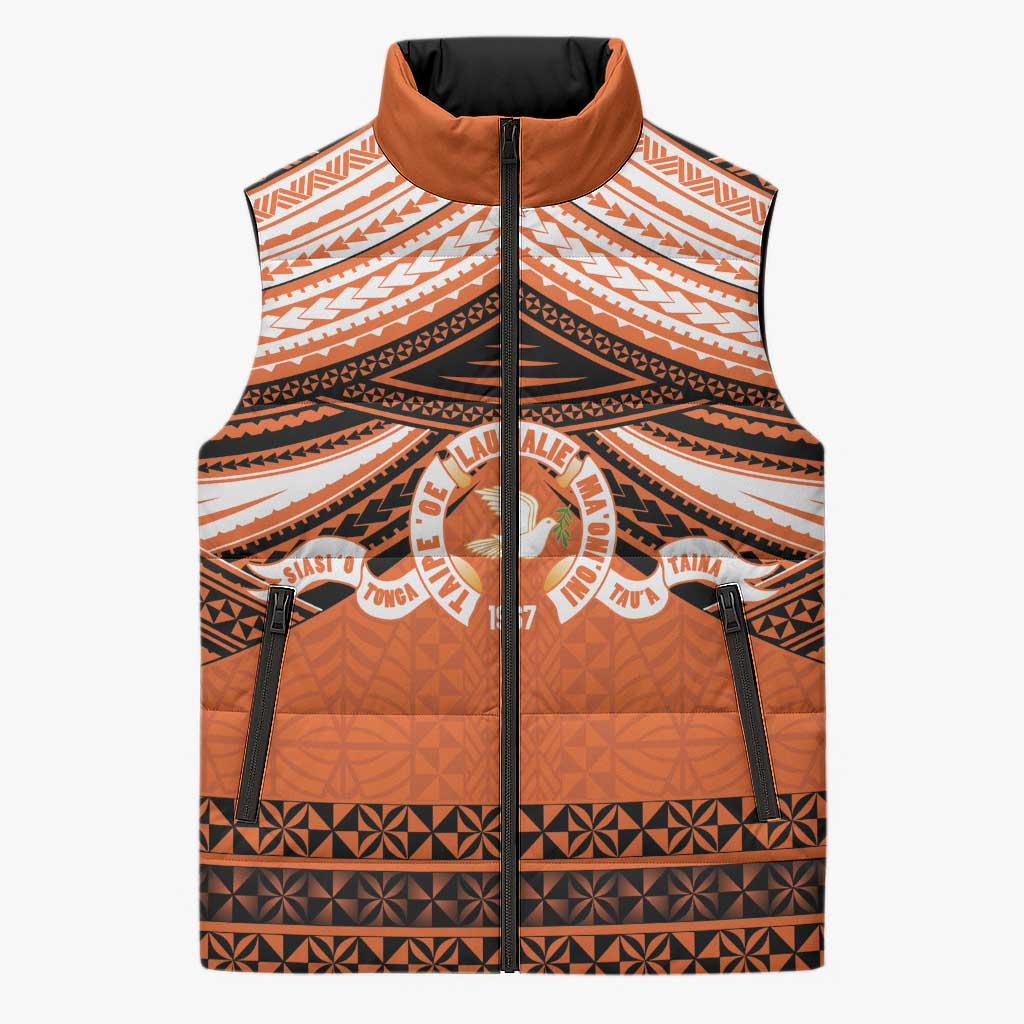 Personalised Tonga Tailulu College Sleeveless Puffer Jacket Polynesian Ngatu Tribal LT9 Unisex Orange - Polynesian Pride