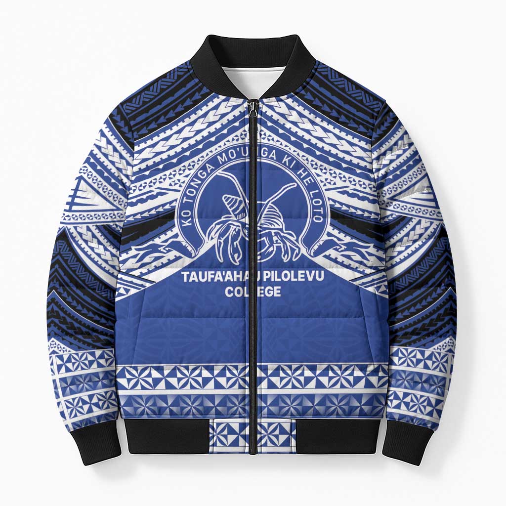 Personalised Tonga Taufa'ahau Pilolevu College Bomber Puffer Jacket Polynesian Ngatu Tribal LT9 Unisex Blue - Polynesian Pride