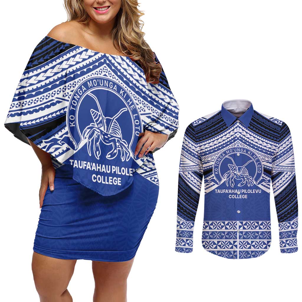 Personalised Tonga Taufa'ahau Pilolevu College Couples Matching Off Shoulder Short Dress and Long Sleeve Button Shirt Polynesian Ngatu Tribal