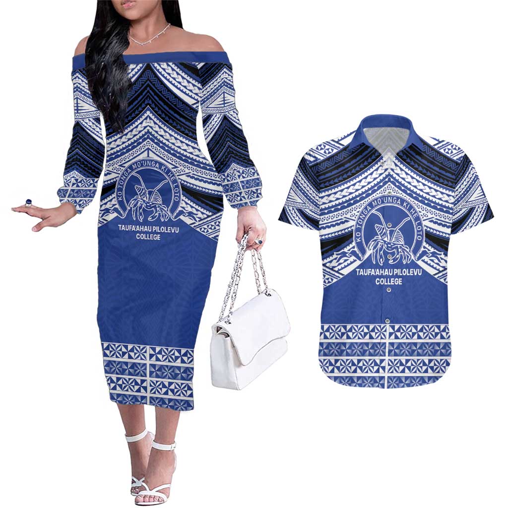 Personalised Tonga Taufa'ahau Pilolevu College Couples Matching Off The Shoulder Long Sleeve Dress and Hawaiian Shirt Polynesian Ngatu Tribal LT9 Blue - Polynesian Pride