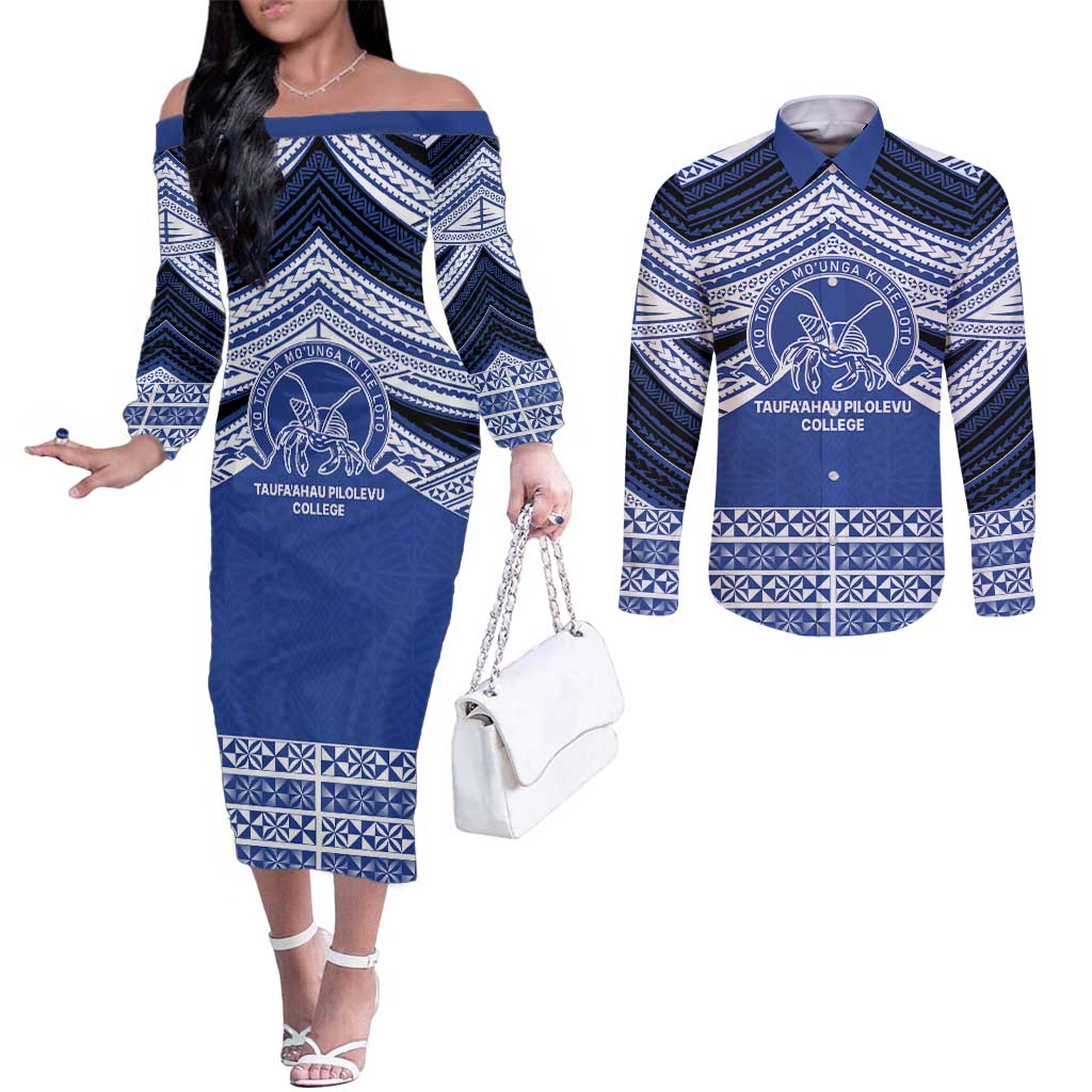 Personalised Tonga Taufa'ahau Pilolevu College Couples Matching Off The Shoulder Long Sleeve Dress and Long Sleeve Button Shirt Polynesian Ngatu Tribal LT9 Blue - Polynesian Pride