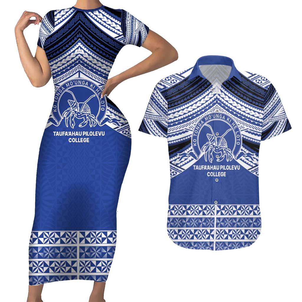 Personalised Tonga Taufa'ahau Pilolevu College Couples Matching Short Sleeve Bodycon Dress and Hawaiian Shirt Polynesian Ngatu Tribal LT9 Blue - Polynesian Pride