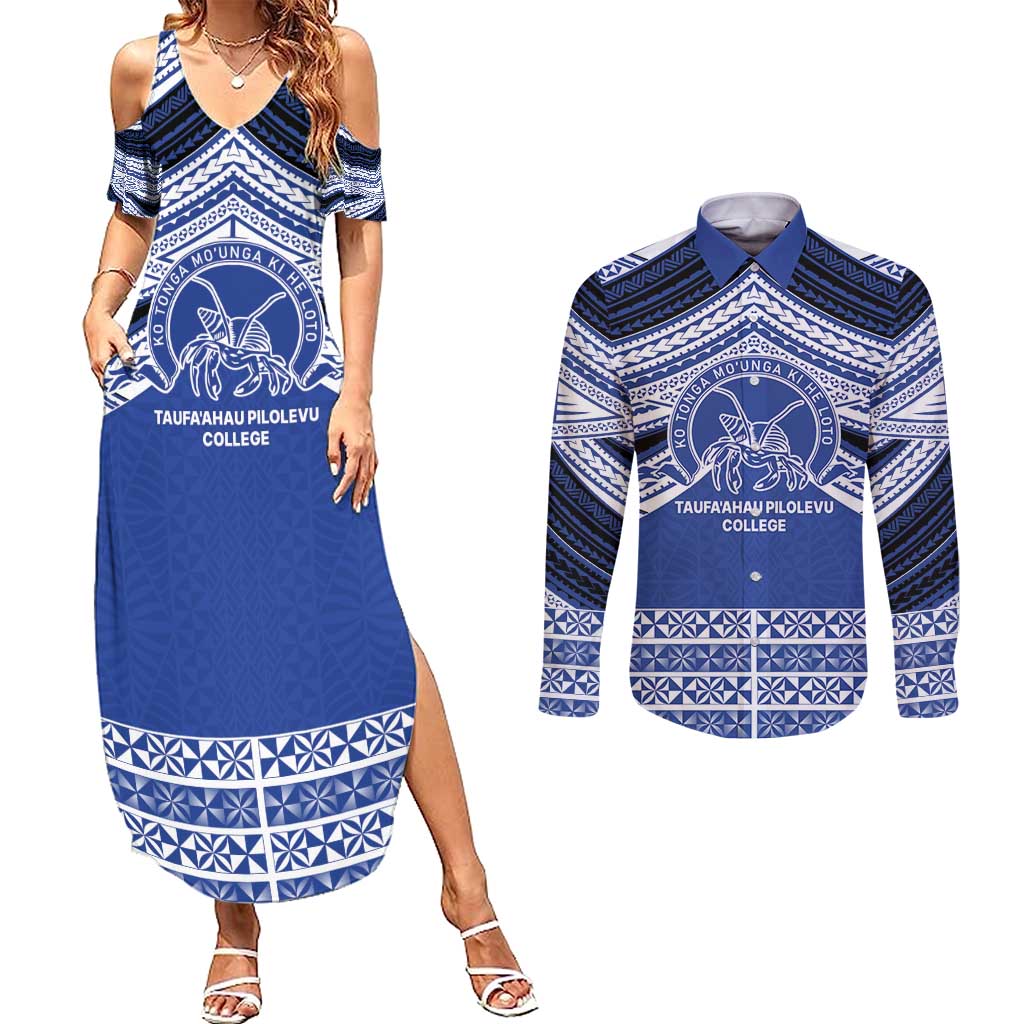 Personalised Tonga Taufa'ahau Pilolevu College Couples Matching Summer Maxi Dress and Long Sleeve Button Shirt Polynesian Ngatu Tribal LT9 Blue - Polynesian Pride