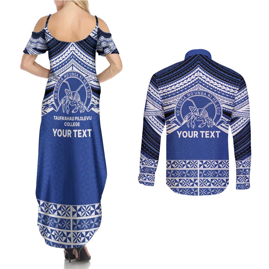 Personalised Tonga Taufa'ahau Pilolevu College Couples Matching Summer Maxi Dress and Long Sleeve Button Shirt Polynesian Ngatu Tribal LT9 - Polynesian Pride