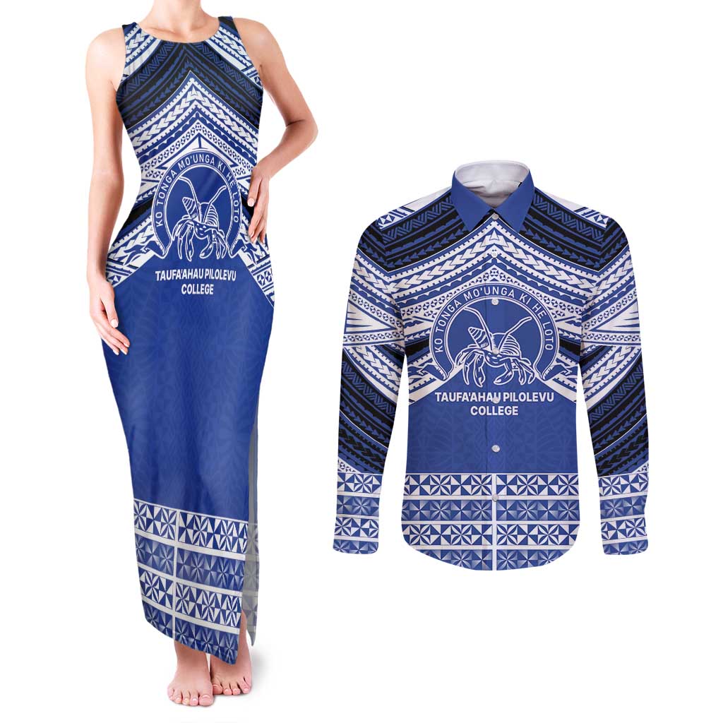 Personalised Tonga Taufa'ahau Pilolevu College Couples Matching Tank Maxi Dress and Long Sleeve Button Shirt Polynesian Ngatu Tribal LT9 Blue - Polynesian Pride