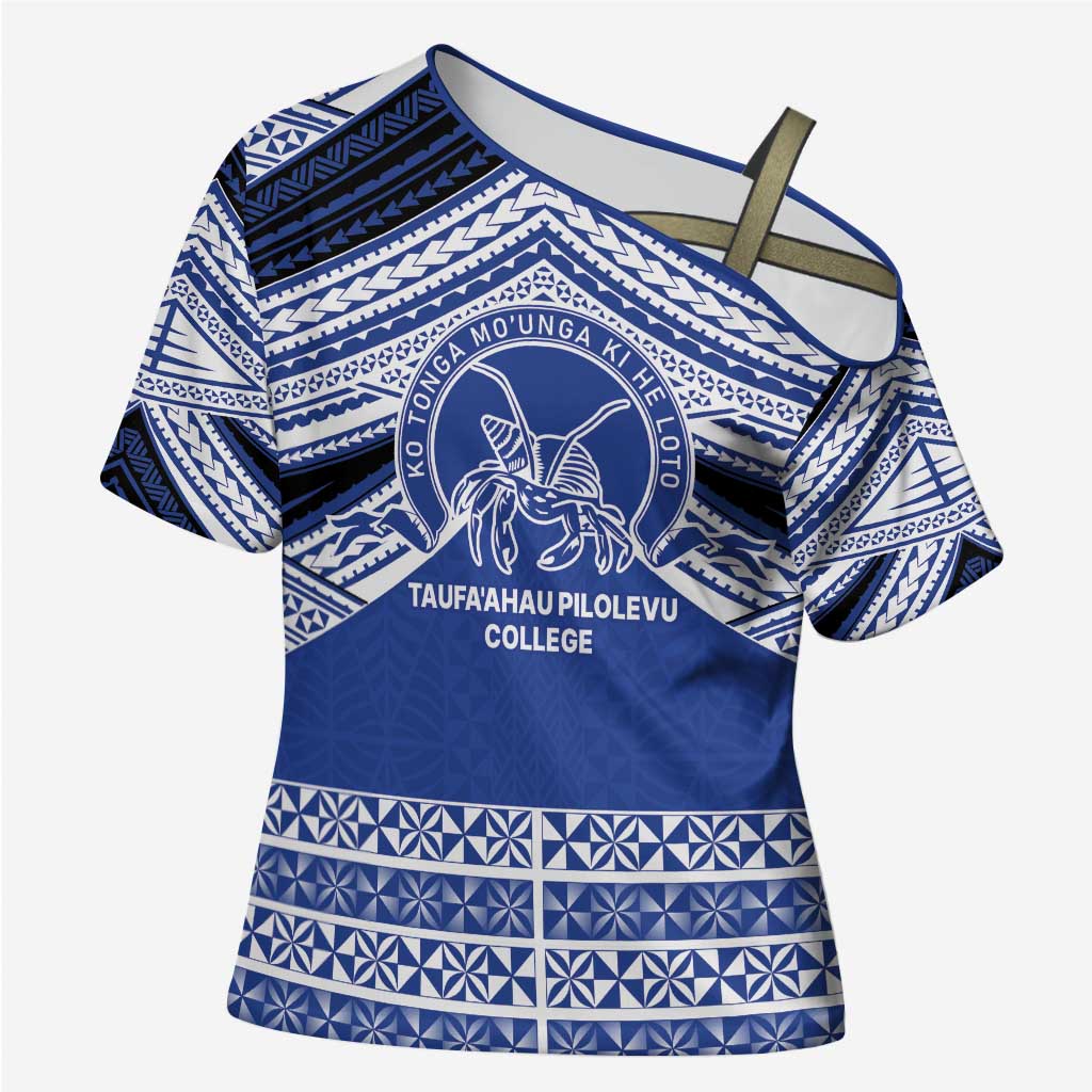 Personalised Tonga Taufa'ahau Pilolevu College Cross Shoulder Shirt Polynesian Ngatu Tribal LT9 Female Blue - Polynesian Pride