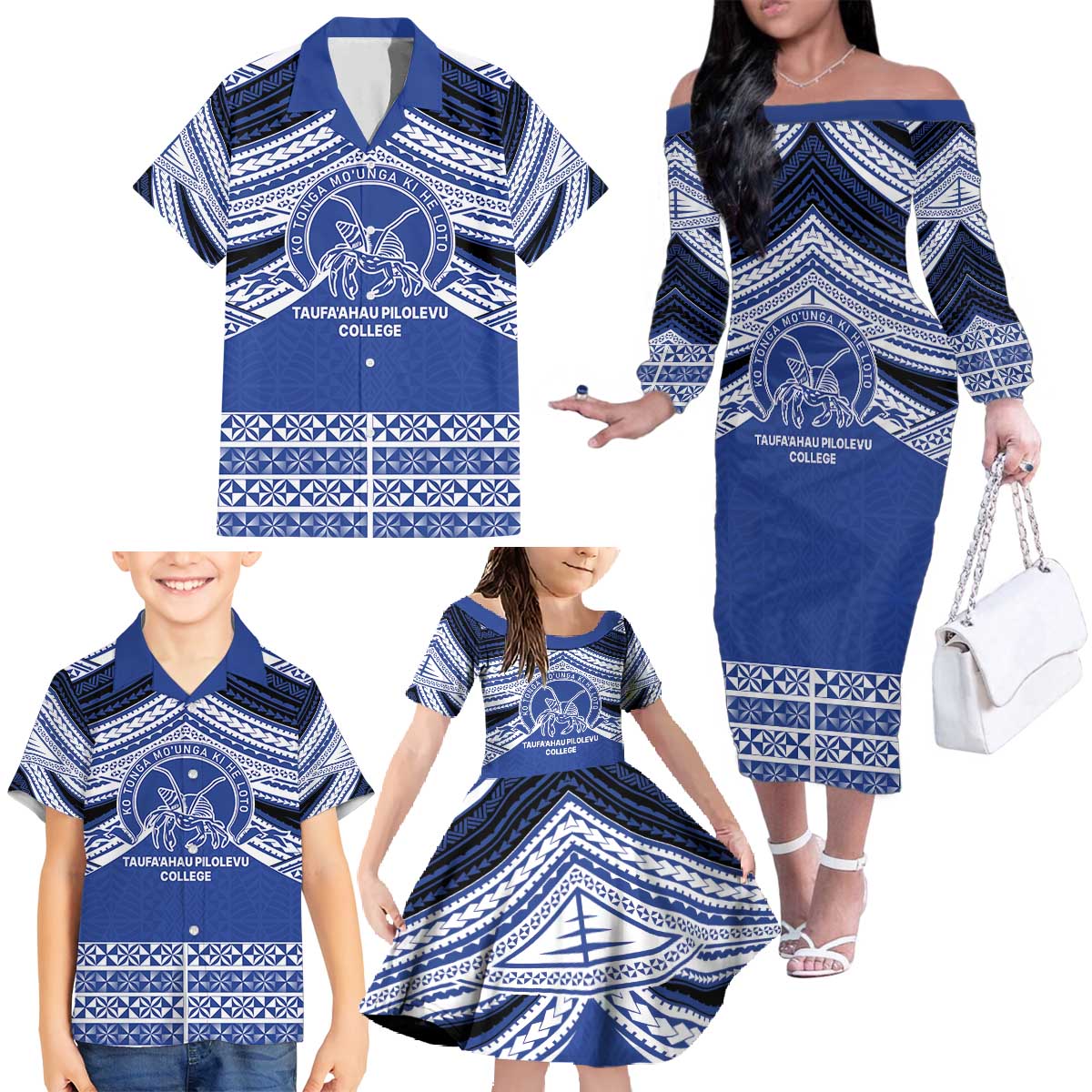 Personalised Tonga Taufa'ahau Pilolevu College Family Matching Off The Shoulder Long Sleeve Dress and Hawaiian Shirt Polynesian Ngatu Tribal
