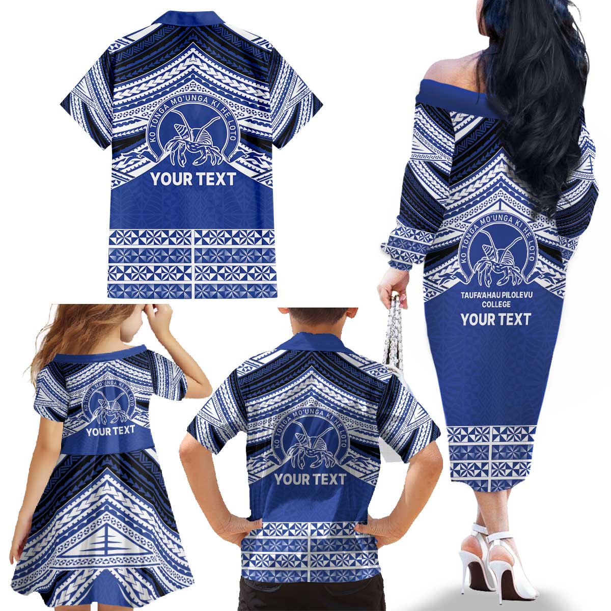 Personalised Tonga Taufa'ahau Pilolevu College Family Matching Off The Shoulder Long Sleeve Dress and Hawaiian Shirt Polynesian Ngatu Tribal