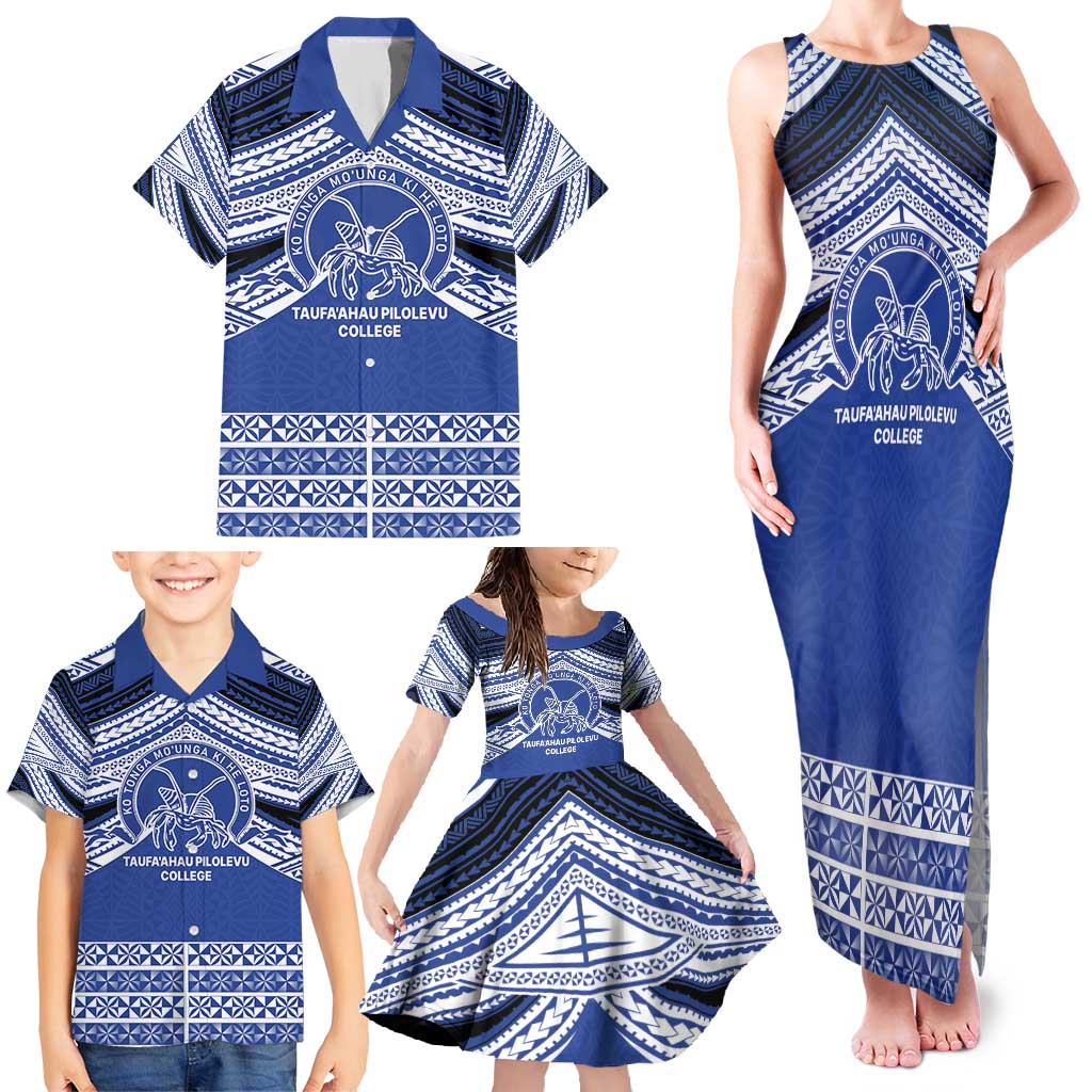 Personalised Tonga Taufa'ahau Pilolevu College Family Matching Tank Maxi Dress and Hawaiian Shirt Polynesian Ngatu Tribal