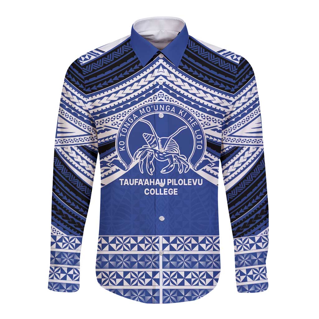 Personalised Tonga Taufa'ahau Pilolevu College Long Sleeve Button Shirt Polynesian Ngatu Tribal LT9 Unisex Blue - Polynesian Pride