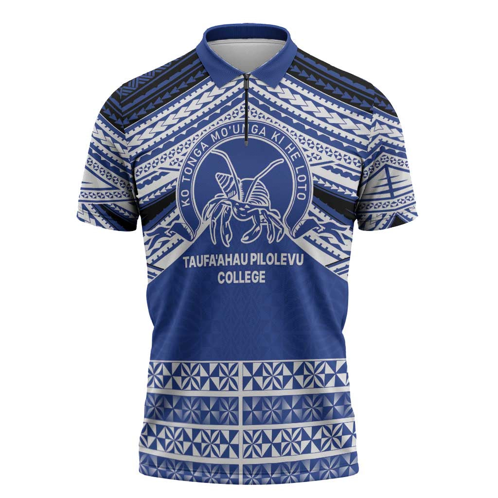 Personalised Tonga Taufa'ahau Pilolevu College Zipper Polo Shirt Polynesian Ngatu Tribal LT9 Blue - Polynesian Pride