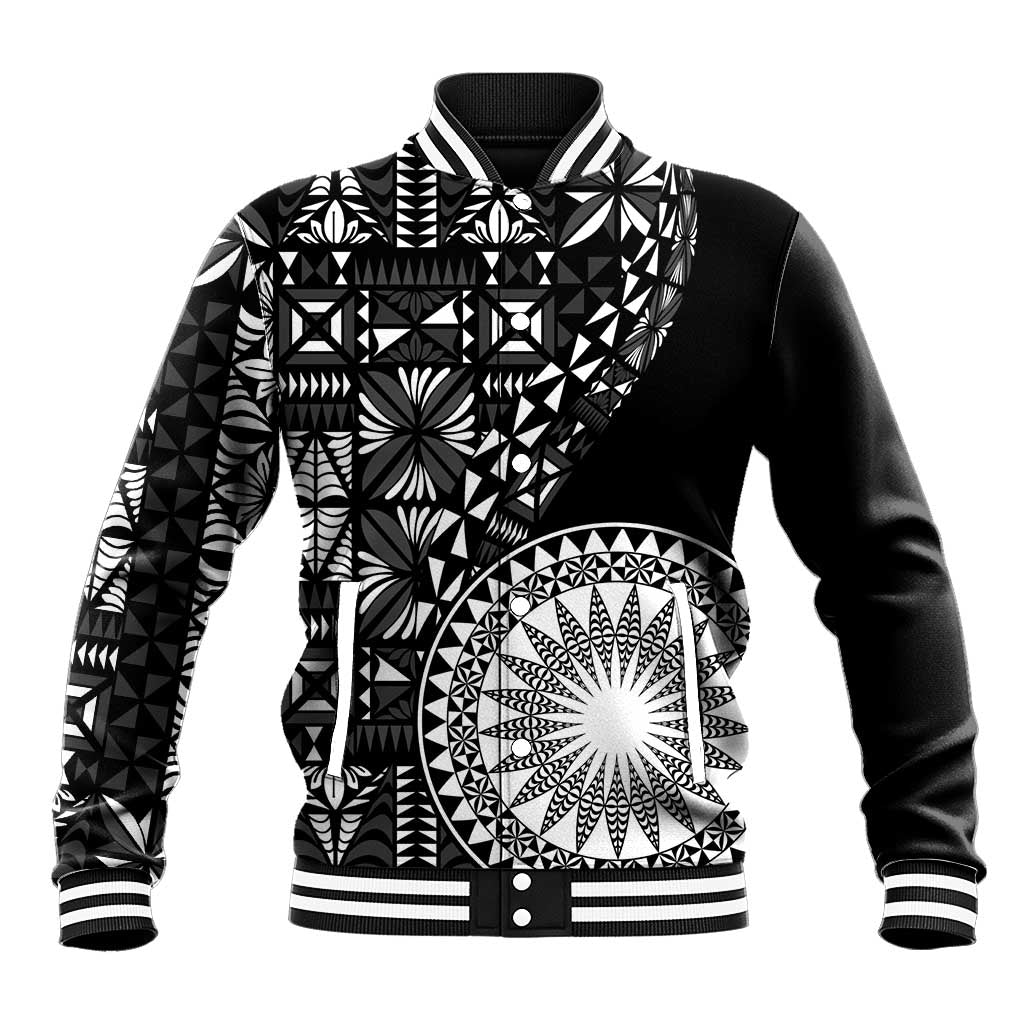 Black Tongan Ngatu Fonulei Pattern Baseball Jacket LT9 Unisex Black - Polynesian Pride