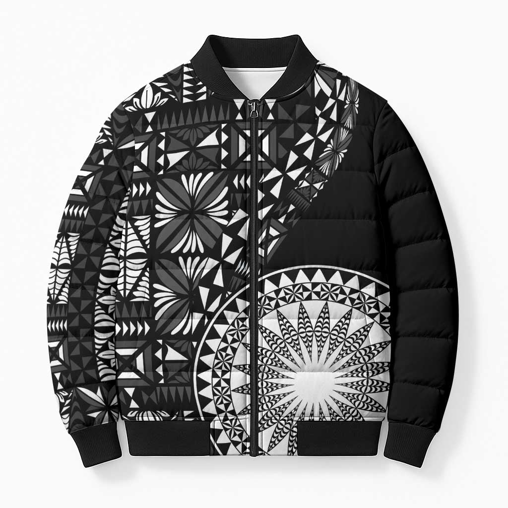 Black Tongan Ngatu Fonulei Pattern Bomber Puffer Jacket LT9 Unisex Black - Polynesian Pride
