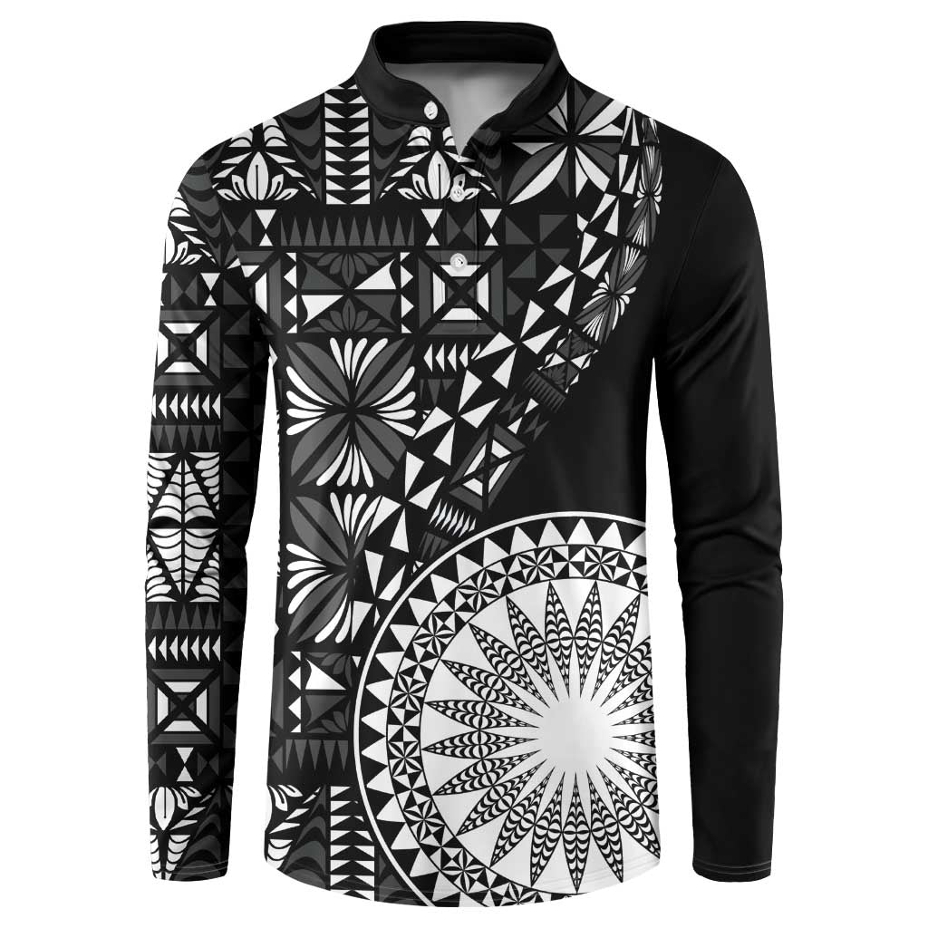 Black Tongan Ngatu Fonulei Pattern Button Sweatshirt LT9 Black - Polynesian Pride