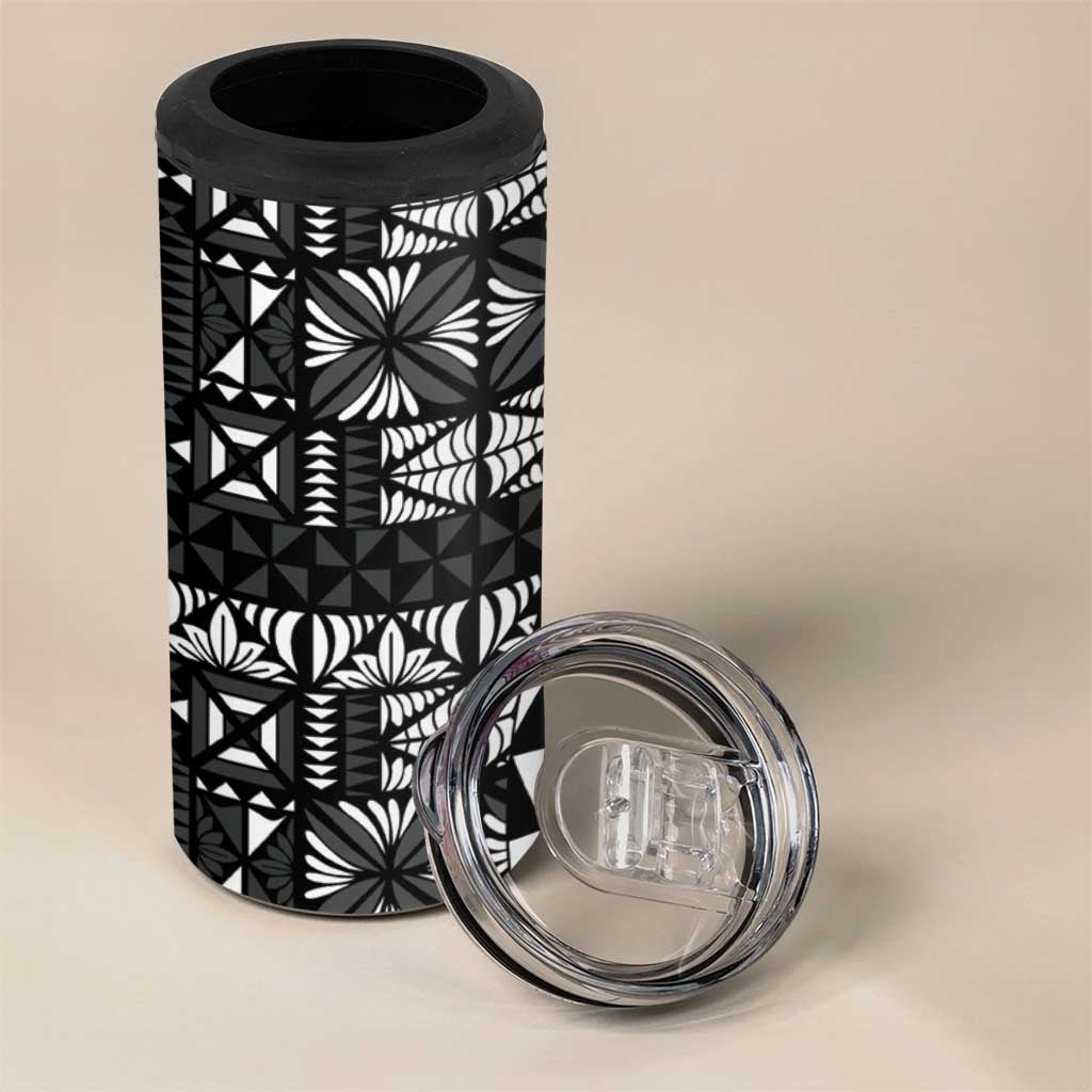 Black Tongan Ngatu Fonulei Pattern 4 in 1 Can Cooler Tumbler LT9 - Polynesian Pride