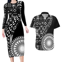 Black Tongan Ngatu Fonulei Pattern Couples Matching Long Sleeve Bodycon Dress and Hawaiian Shirt LT9 Black - Polynesian Pride