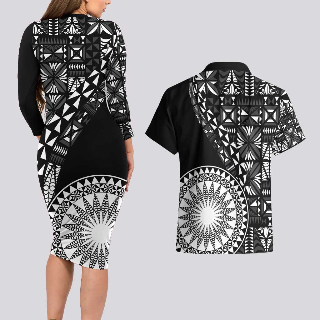 Black Tongan Ngatu Fonulei Pattern Couples Matching Long Sleeve Bodycon Dress and Hawaiian Shirt LT9 - Polynesian Pride
