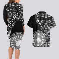 Black Tongan Ngatu Fonulei Pattern Couples Matching Long Sleeve Bodycon Dress and Hawaiian Shirt LT9 - Polynesian Pride