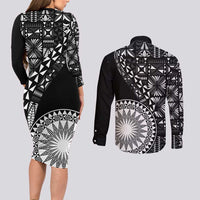 Black Tongan Ngatu Fonulei Pattern Couples Matching Long Sleeve Bodycon Dress and Long Sleeve Button Shirt LT9 - Polynesian Pride