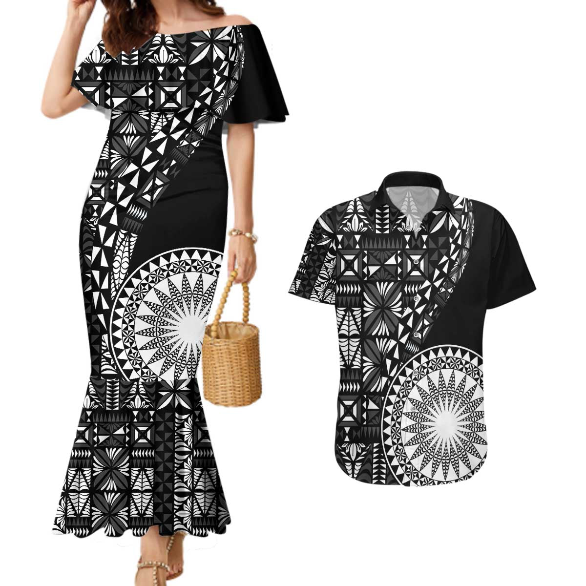 Black Tongan Ngatu Fonulei Pattern Couples Matching Mermaid Dress and Hawaiian Shirt LT9 Black - Polynesian Pride
