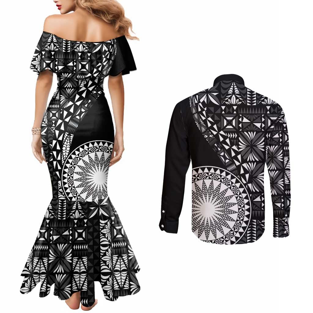 Black Tongan Ngatu Fonulei Pattern Couples Matching Mermaid Dress and Long Sleeve Button Shirt LT9 - Polynesian Pride
