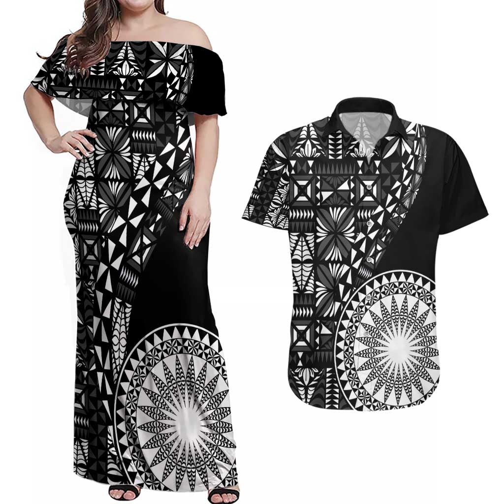 Black Tongan Ngatu Fonulei Pattern Couples Matching Off Shoulder Maxi Dress and Hawaiian Shirt
