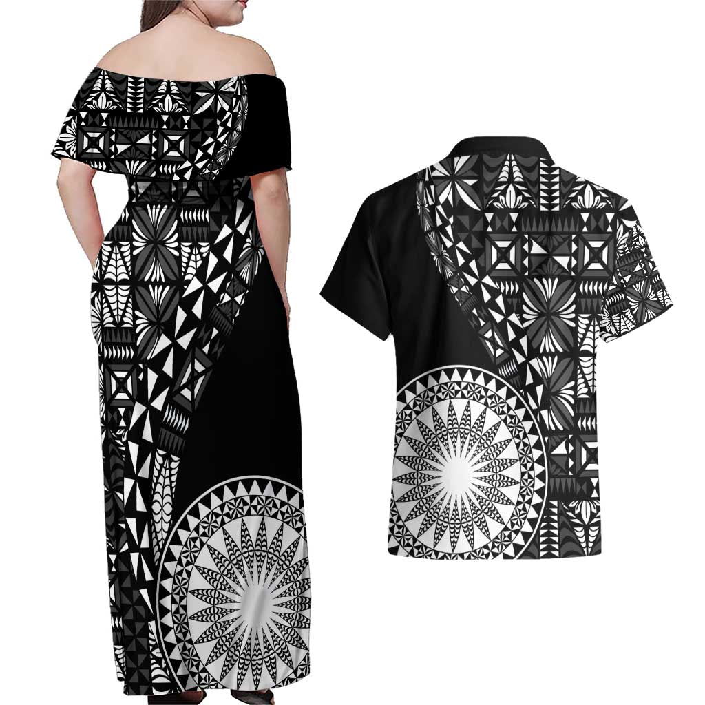 Black Tongan Ngatu Fonulei Pattern Couples Matching Off Shoulder Maxi Dress and Hawaiian Shirt