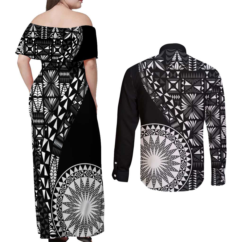 Black Tongan Ngatu Fonulei Pattern Couples Matching Off Shoulder Maxi Dress and Long Sleeve Button Shirt