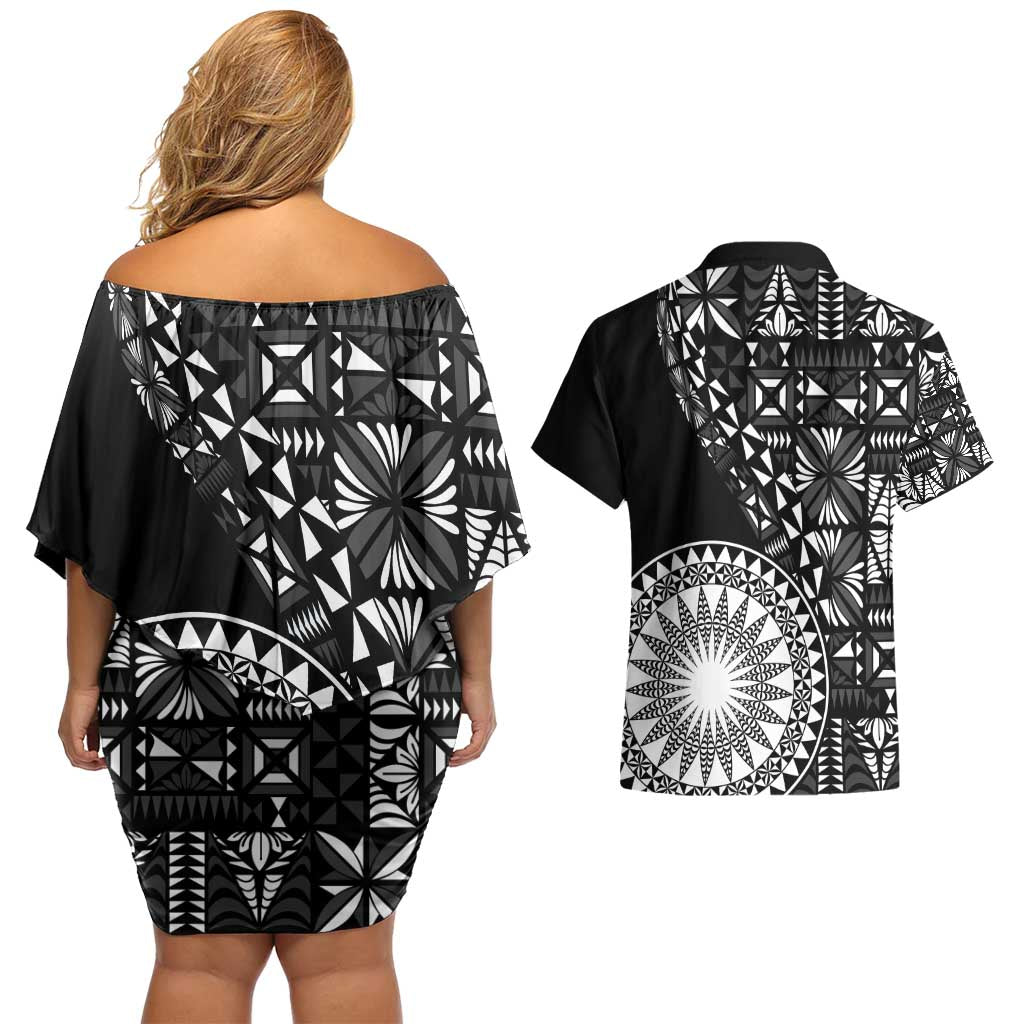 Black Tongan Ngatu Fonulei Pattern Couples Matching Off Shoulder Short Dress and Hawaiian Shirt
