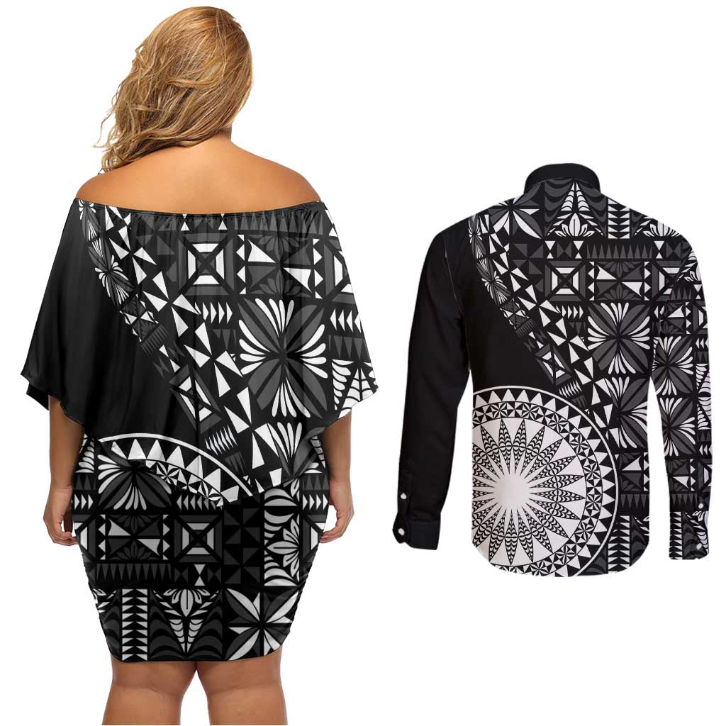 Black Tongan Ngatu Fonulei Pattern Couples Matching Off Shoulder Short Dress and Long Sleeve Button Shirt