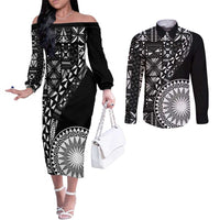 Black Tongan Ngatu Fonulei Pattern Couples Matching Off The Shoulder Long Sleeve Dress and Long Sleeve Button Shirt LT9 Black - Polynesian Pride