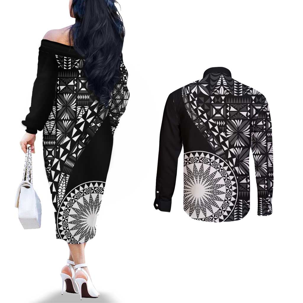 Black Tongan Ngatu Fonulei Pattern Couples Matching Off The Shoulder Long Sleeve Dress and Long Sleeve Button Shirt LT9 - Polynesian Pride