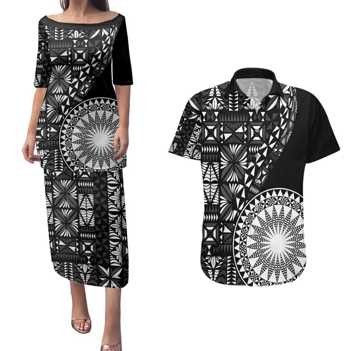 Black Tongan Ngatu Fonulei Pattern Couples Matching Puletasi and Hawaiian Shirt LT9 Black - Polynesian Pride