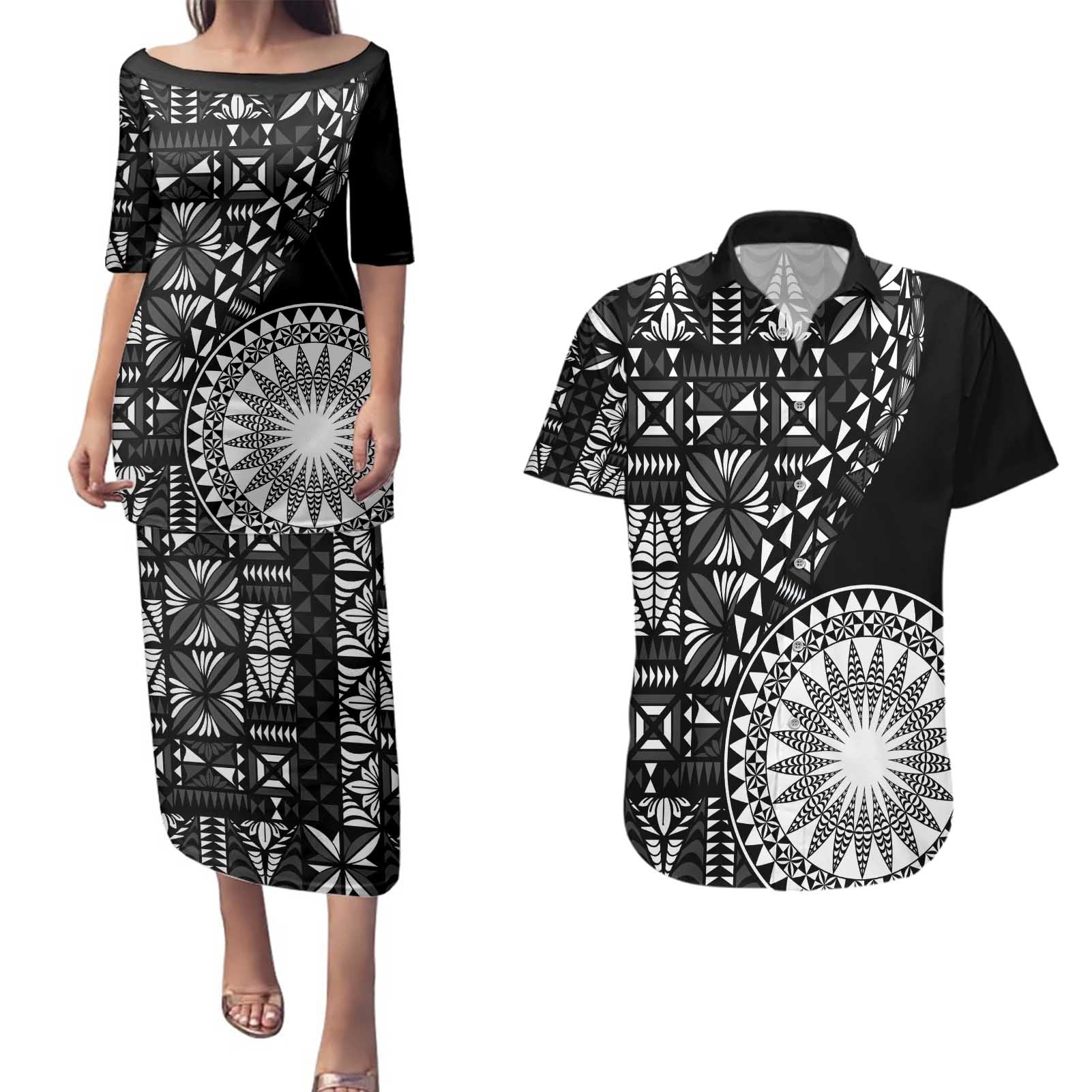 Black Tongan Ngatu Fonulei Pattern Couples Matching Puletasi and Hawaiian Shirt