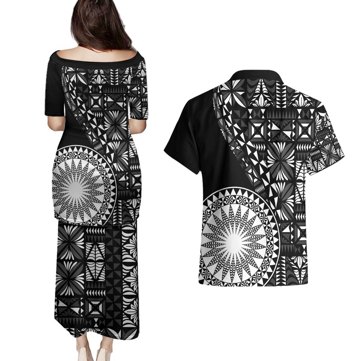 Black Tongan Ngatu Fonulei Pattern Couples Matching Puletasi and Hawaiian Shirt LT9 - Polynesian Pride