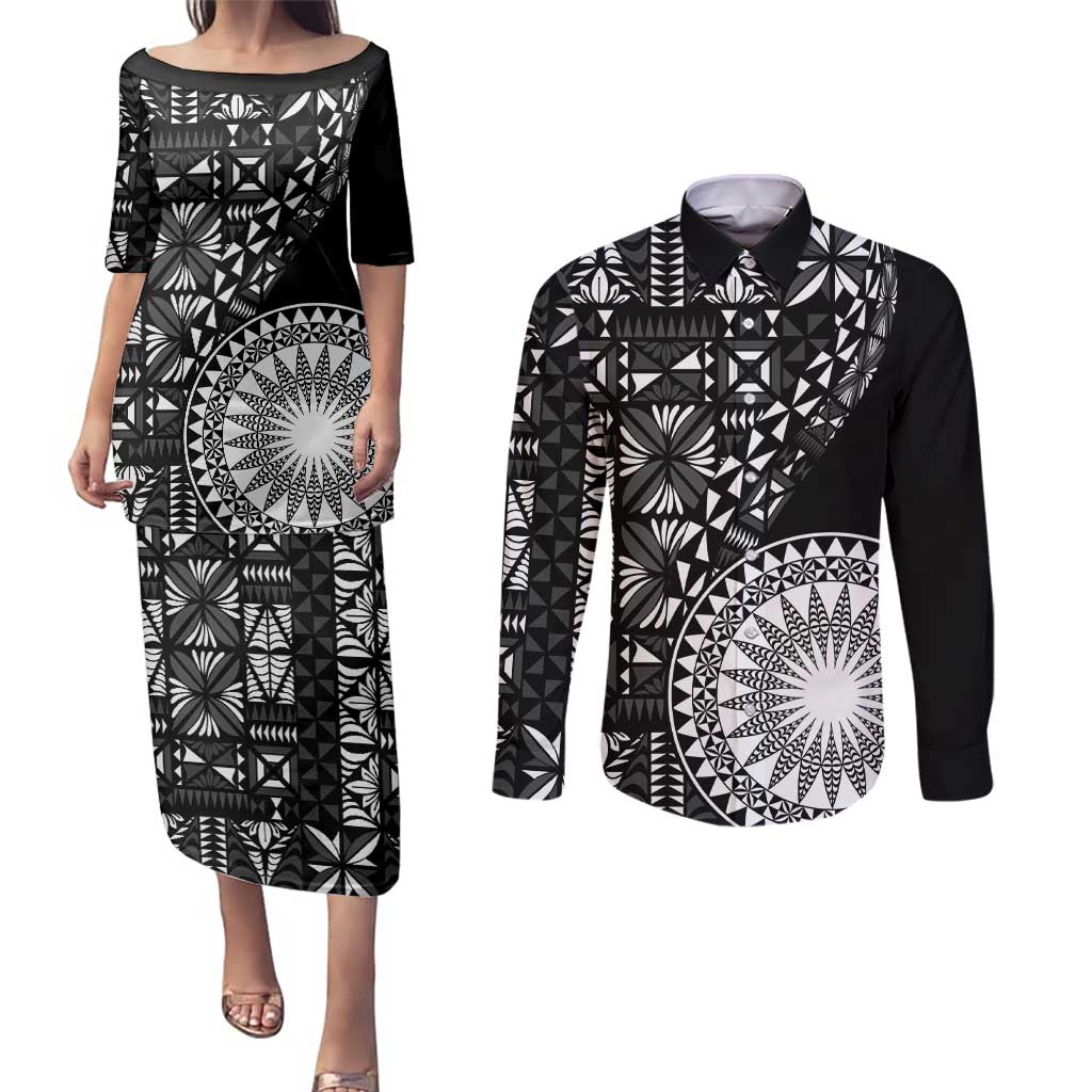 Black Tongan Ngatu Fonulei Pattern Couples Matching Puletasi and Long Sleeve Button Shirt LT9 Black - Polynesian Pride