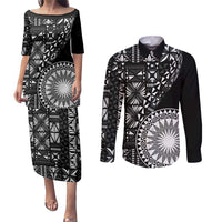 Black Tongan Ngatu Fonulei Pattern Couples Matching Puletasi and Long Sleeve Button Shirt LT9 Black - Polynesian Pride