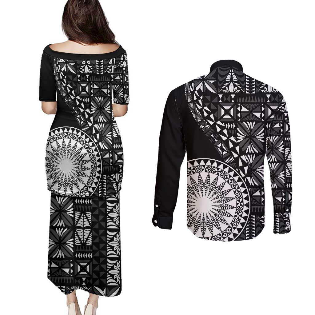 Black Tongan Ngatu Fonulei Pattern Couples Matching Puletasi and Long Sleeve Button Shirt LT9 - Polynesian Pride