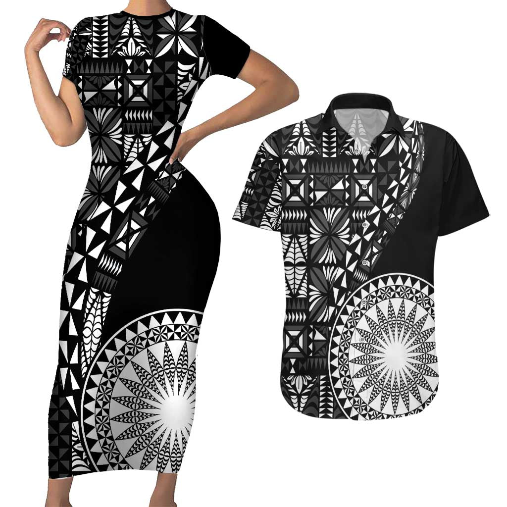Black Tongan Ngatu Fonulei Pattern Couples Matching Short Sleeve Bodycon Dress and Hawaiian Shirt LT9 Black - Polynesian Pride