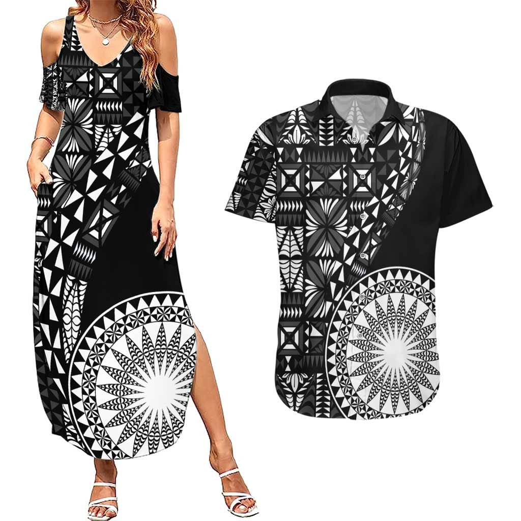 Black Tongan Ngatu Fonulei Pattern Couples Matching Summer Maxi Dress and Hawaiian Shirt LT9 Black - Polynesian Pride
