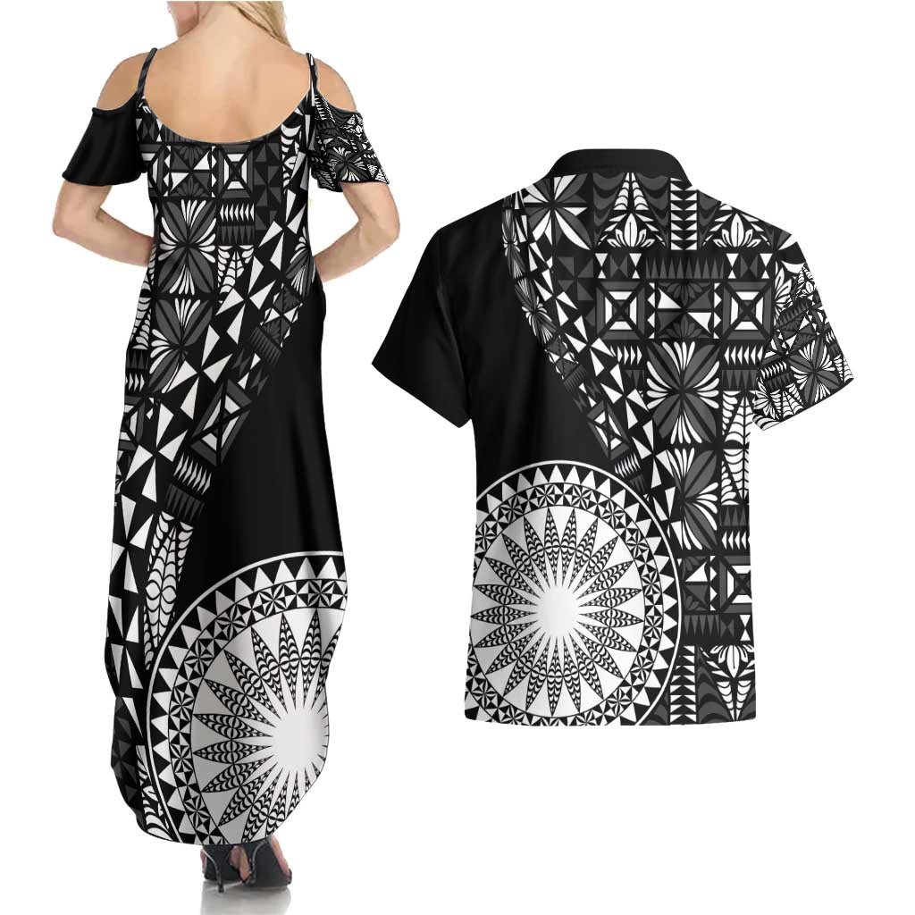 Black Tongan Ngatu Fonulei Pattern Couples Matching Summer Maxi Dress and Hawaiian Shirt LT9 - Polynesian Pride