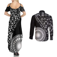 Black Tongan Ngatu Fonulei Pattern Couples Matching Summer Maxi Dress and Long Sleeve Button Shirt LT9 - Polynesian Pride