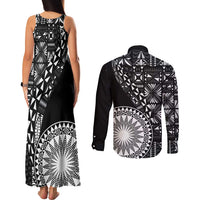 Black Tongan Ngatu Fonulei Pattern Couples Matching Tank Maxi Dress and Long Sleeve Button Shirt LT9 - Polynesian Pride