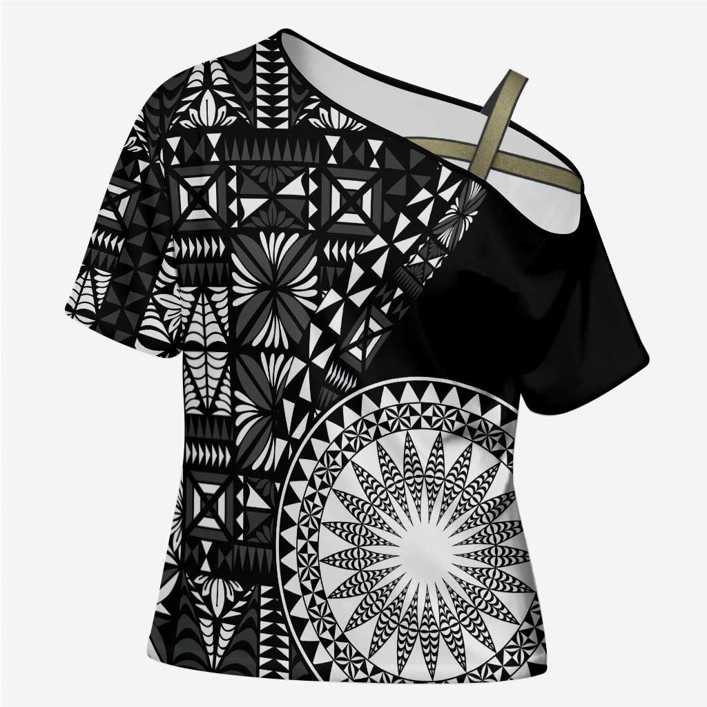Black Tongan Ngatu Fonulei Pattern Cross Shoulder Shirt LT9 Female Black - Polynesian Pride