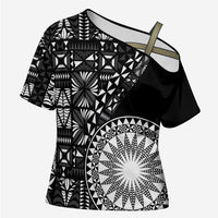 Black Tongan Ngatu Fonulei Pattern Cross Shoulder Shirt LT9 Female Black - Polynesian Pride