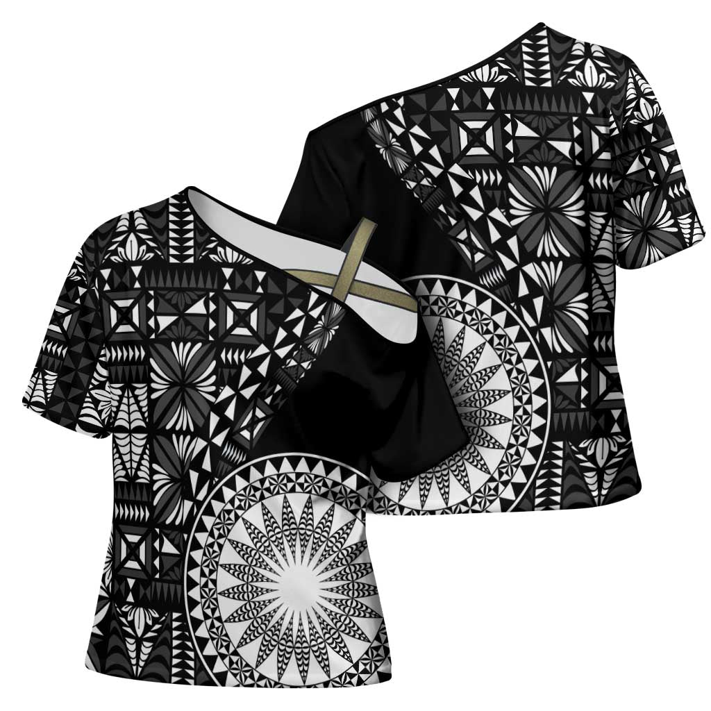 Black Tongan Ngatu Fonulei Pattern Cross Shoulder Shirt LT9 - Polynesian Pride