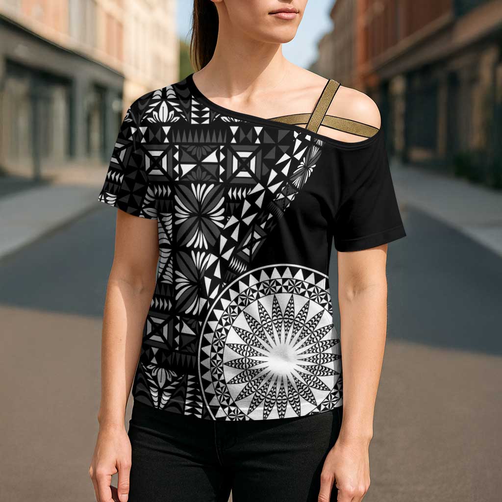 Black Tongan Ngatu Fonulei Pattern Cross Shoulder Shirt LT9 - Polynesian Pride