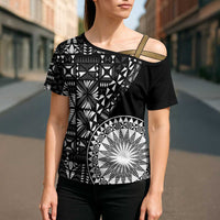Black Tongan Ngatu Fonulei Pattern Cross Shoulder Shirt LT9 - Polynesian Pride